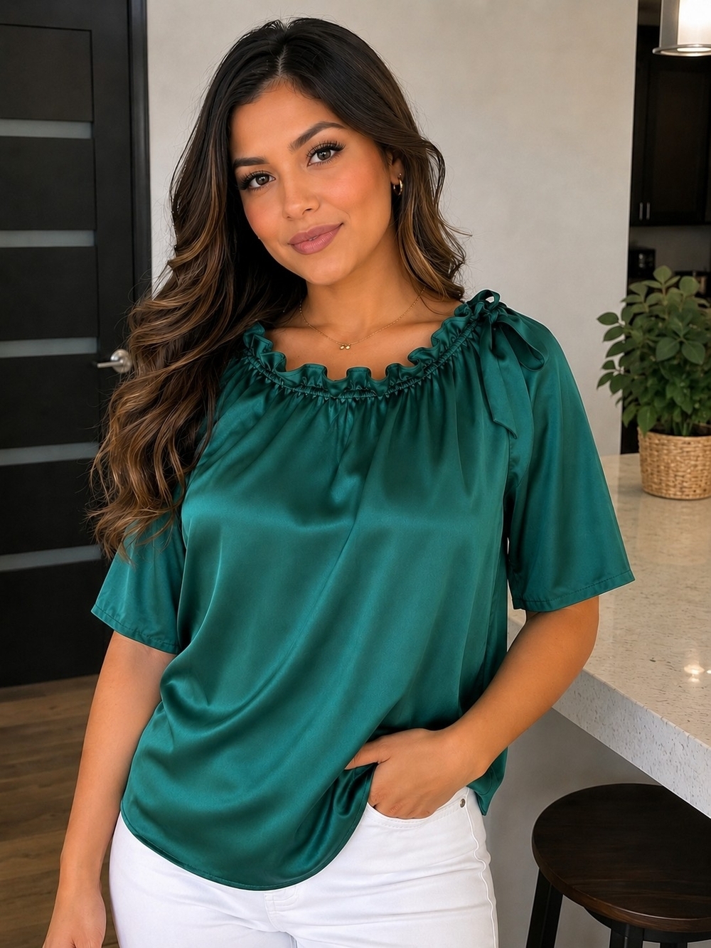 Satin Ruffle-Neck Short Sleeve Top in Teal Sz L new With Tag 45% Silk